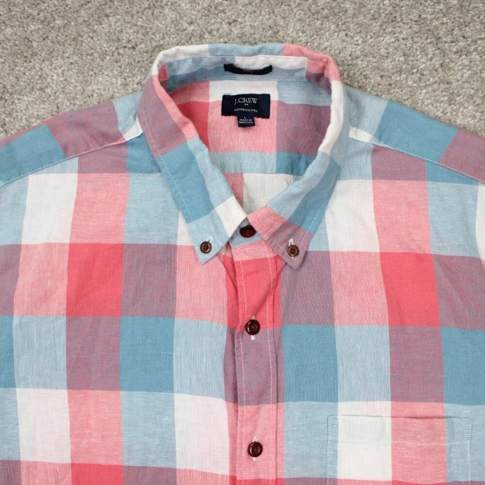 J. Crew Cotton/Linen Shirt Mens Large Pink/Blue/White Slim Fit S/S Button Preppy